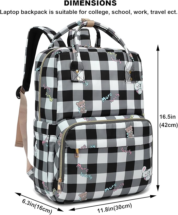 Checkered Laptop Backpack College Bookbag School Backpack for Women Girls, Travel Backpack 15.6 Inch Computer Backpacks (Bear Rabbit Black)