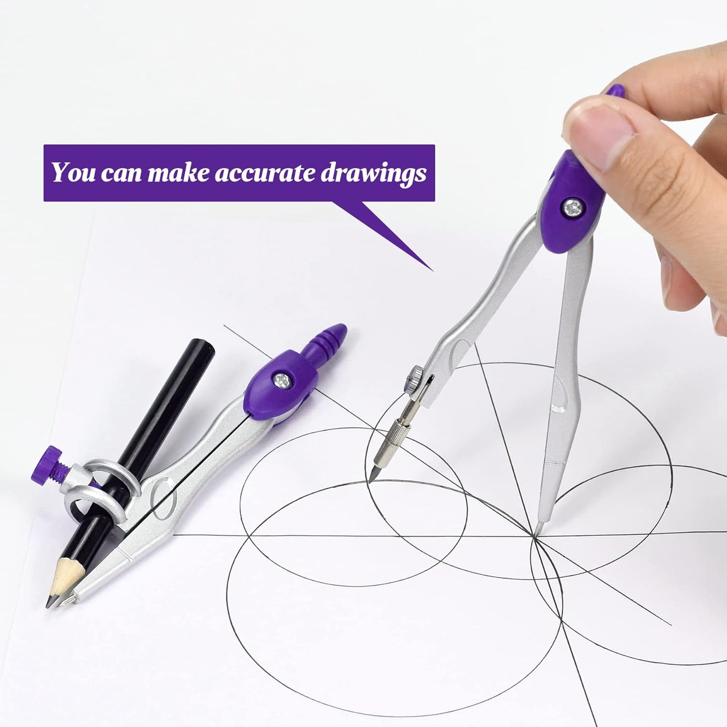 Math Geometry Kit Sets 10 Piece Student Supplies with Shatterproof Storage Box,Includes Rulers,Protractor,Compass,Eraser,Pencil Sharpener,Lead Refills,Pencil,for Drafting（Purple）