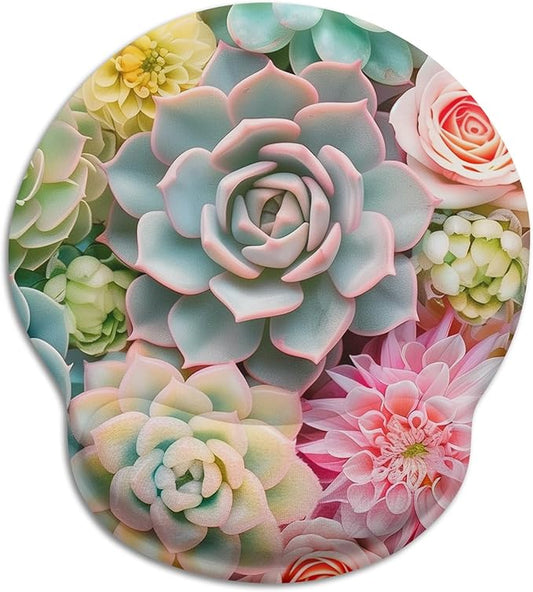 Succulents Ergonomic Mouse Pad with Wrist Rest, Gaming Mouse Pad with Wrist Support, Funny Computer Mousepad with Non-Slip Pain Relief PU Base, Cute Office Desk Accessories Decor Supplies