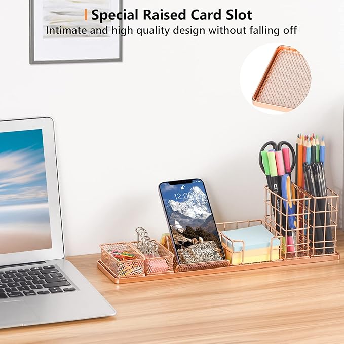 Rose Gold Desk Organizer, Office Desk Accessories with Pen Holder for desk, Desktop Organization with Phone Holder, Sticky Note Tray, Paperclip Storage and Caddy for Office Home School