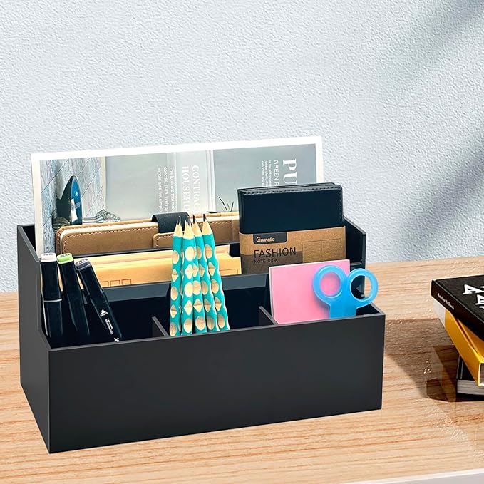 Mail Organizer, Mail Holder with 5 Slots, Modern Mail Sorter Basket for Countertop, Acrylic Desktop Bill Letter Envelope Holder, Black