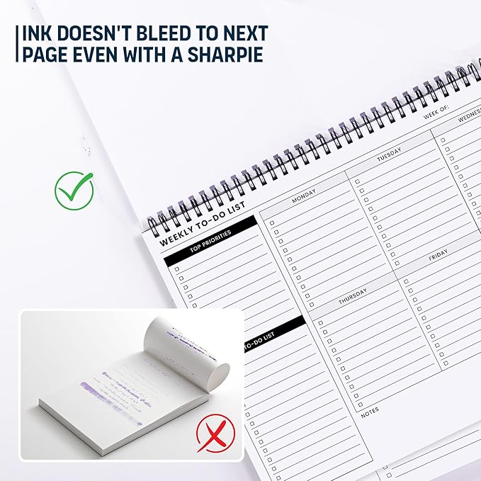 Weekly To Do List Spiral Planner Pad - 8.5x11" 52 Sheets - Desk Notepad with Multiple Sections - Undated Planning Notebook Checklist, Todo Agenda Plan