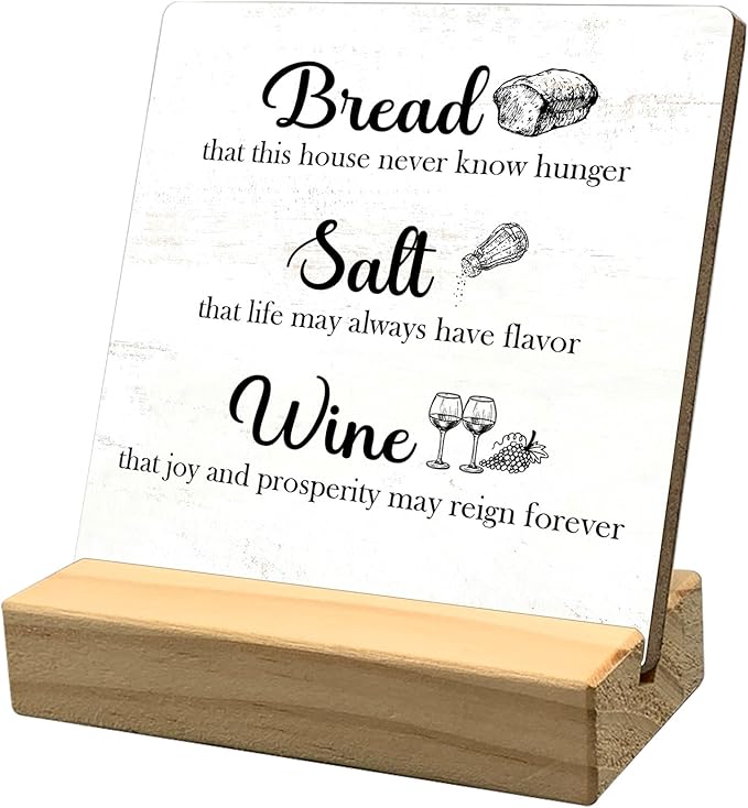 Wine Signs for Home Decor,Inspirational Desk Decor,Kitchen Decor Bread Salt Wine Wooden Sign Desk Decor for Farmhouse Home Kitchen Table Shelf Decoration, Housewarming Gifts for Woman