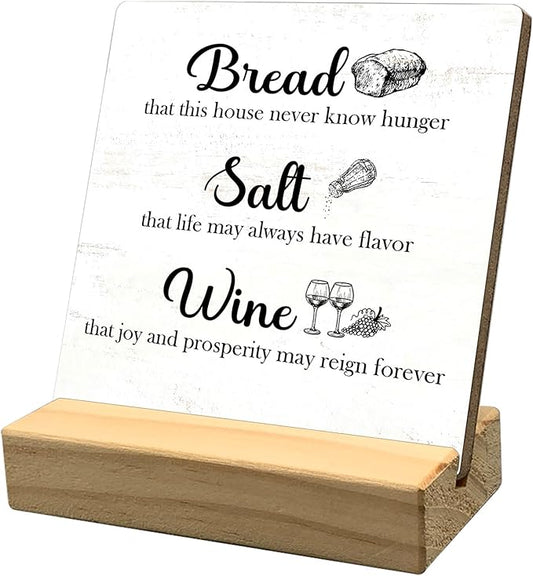 Wine Signs for Home Decor,Inspirational Desk Decor,Kitchen Decor Bread Salt Wine Wooden Sign Desk Decor for Farmhouse Home Kitchen Table Shelf Decoration, Housewarming Gifts for Woman