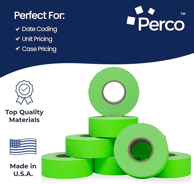 Perco 1 Line Fluorescent Green Labels - 80 Rolls, 10 Sleeves, 80,000 Blank Price and Date Gun Labels for Perco 1 Line Price and Date Guns - Made in USA
