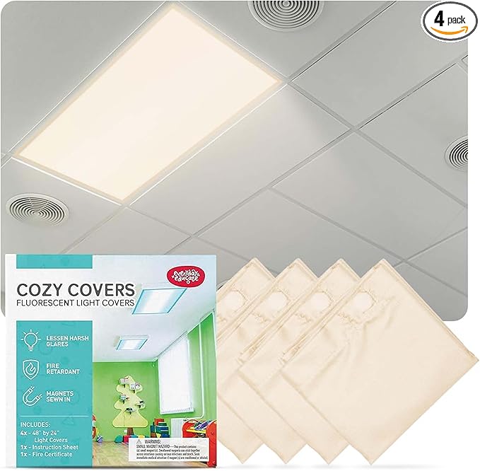 Fluorescent Light Covers for Ceiling Lights - Flicker & Glare Reducing Filters for Ceiling Lights - Overhead Light Covers - Light Covers for Classroom and Office - 48" x 24", Off-White (4 Pack)