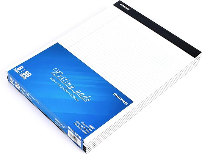 Mintra Office Legal Pads - ((BASIC WHITE 6pk, 8.5in x 11in, NARROW RULED)) - 50 Sheets per Notepad, Micro perforated Writing Pad, Notebook Paper for School, College, Office, Business