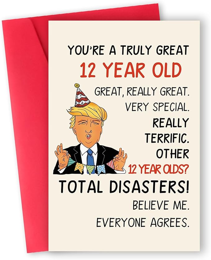 Happy Trump 12th Birthday Card for Boys Girls, Funny 12 Year Old Birthday Gifts for Daughter Son, Humor 12 Bday Decorations for Him Her