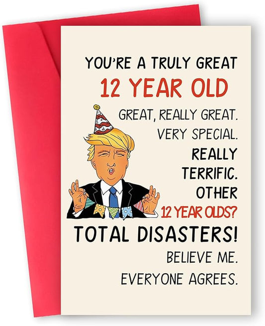 Happy Trump 12th Birthday Card for Boys Girls, Funny 12 Year Old Birthday Gifts for Daughter Son, Humor 12 Bday Decorations for Him Her
