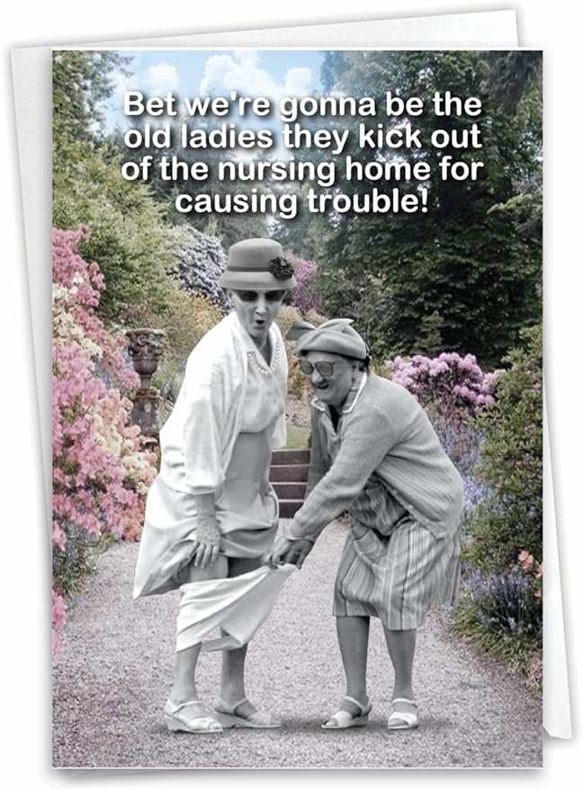 NobleWorks - 1 Funny Happy Birthday Greeting Card - Old Woman Humor, Notecard Talk Bubbles - Old Troublemakers C3567BDG