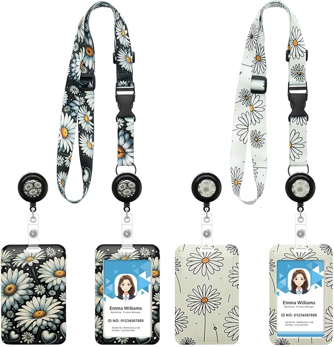 2 Pack Daisy Lanyards Badge Holder, Adjustable Lanyard with Retractable Badge Reel, Cute ID Badge Holder for Teachers, Nurses, Students, Office Staff & Cruise Essentials