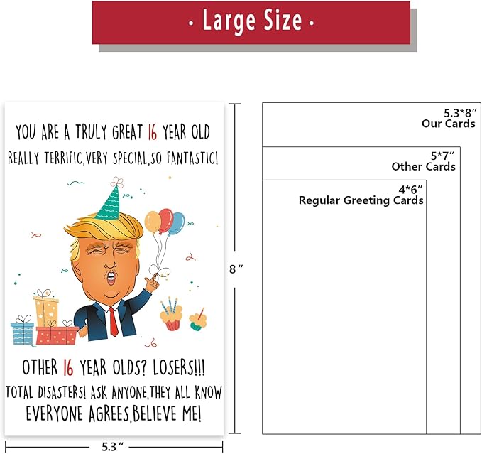 Funny Trump 16th Birthday Card for Him Her, Humorous Donald 16th Birthday Card Gift for Son Daughter, 16 Year Old Birthday Decoration for Niece Nephew