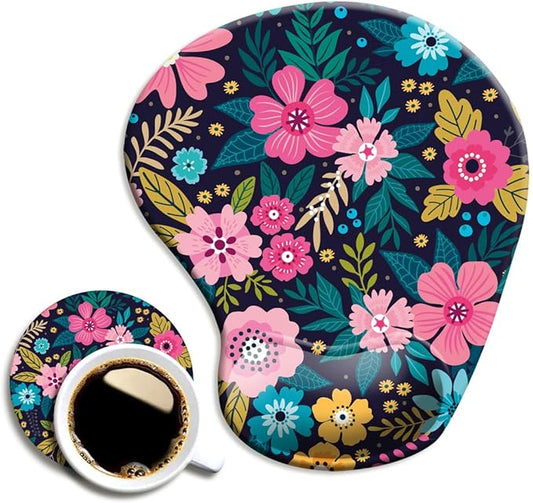DOOKE Ergonomic Mouse Pad with Wrist Support and Coaster,Mouse Pads with Non-Slip PU Base for Home Office Working Studying Easy Typing & Pain Relief Botanical