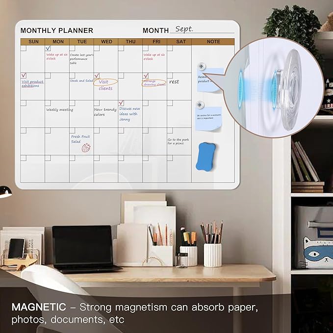 SELEAD Magnetic Glass Whiteboard Monthly Planner - 32”x24” Large Wall Calendar Dry Erase White Board, TODO Memo Bulletin Board for Home School Office - White&Gold