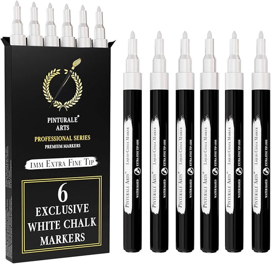6 Extra Fine Tip White Chalk Markers | 1mm Tip | For Windows, Blackboard, Dry Erase Board, Chalkboards, Glass, Easy Erase | White Chalk Pens Fine Tip