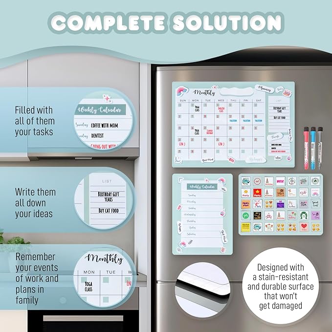 DAYLINDGO Magnetic Refrigerator Calendar - Magnetic Fridge Calendar 12.6" x 8.7" 3 Markers & 1 Invisible Ink & Grocery List Dry Erase Magnet Calendar for Fridge Kitchen Organization, Shipped Flat