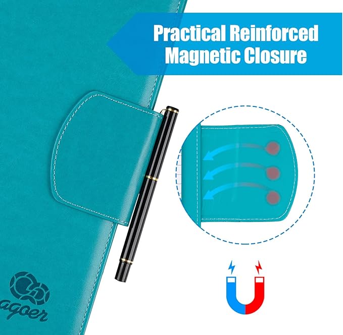 A4 Clipboard Folder Padfolio Clipboard,Faux Leather Interview Resume Folder with Magnetic Cover,Conference Document Organizer with Papers,Sticky Tabs,Pen,Work Folio for Women & Man,Pale Turquoise