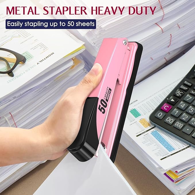 Metal Stapler Heavy Duty 50 Sheet Capacity with 1750 Staples and Staple Remover, Pink Stapler Full Strip Staplers for Desk, No Jam, Non-Slip Office Stapler with Staples for Office & Classroom, Pink