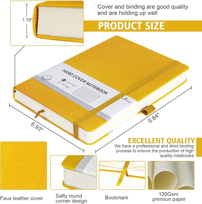 Lined Journal Notebook, 1 Pack (Yellow), 360 Pages, 9.8 inches x 6.9 inches - 100 gsm Thick Paper, Hardcover
