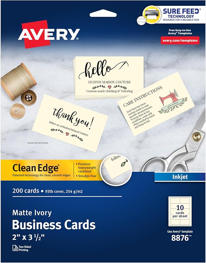 Avery Clean Edge Printable Business Cards with Sure Feed Technology, 2" x 3.5", Ivory, 200 Blank Cards for Inkjet Printers (08876)