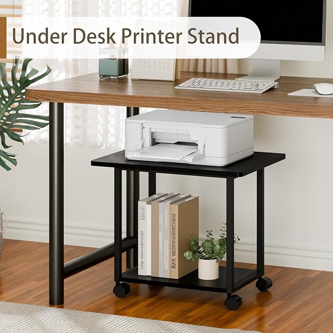 MARTY 22"x15.75" Large Under Desk Printer Stand with Storage Shelf 2-Tier Rolling Printer Cart with Wheels Printer Table for Home Office Heavy Duty Storage Rack for Scanner Fax Machine, Black