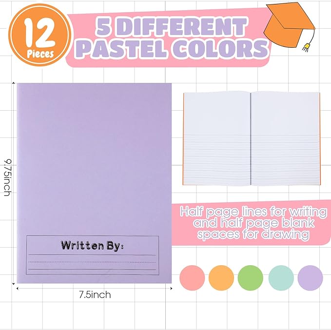 Henoyso 12 Pcs Primary Composition Notebook K-2 9 3/4 x 7 1/2 Inch Primary Journal Blank Writing Book for Kid to Write Draw and Journal 60 Page Notebook Back to School Supplies (Light Color)