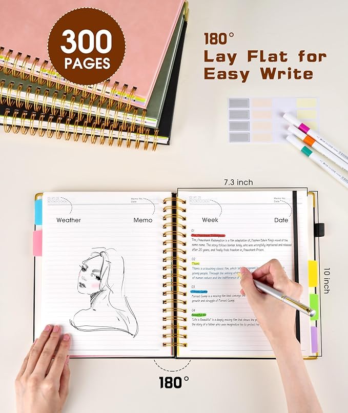 Hardcover Spiral Notebook journal with Removable Dividers Tabs, 300 Pages Leather 5 Subject Notebook College Ruled, 100GMS A5 Notebooks for Work School Note taking,Lined Journal for Women,A5-Black