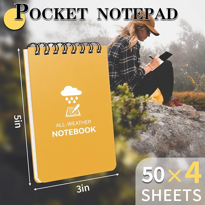 Waterproof Notebook, 4 Pack Top-Spiral Pocket Notepad, 3" x 5" Weatherproof NotePad, All Weather Police Pocket Notebook Little Memo Steno Note Pads for Outdoor Office School Recording, Black
