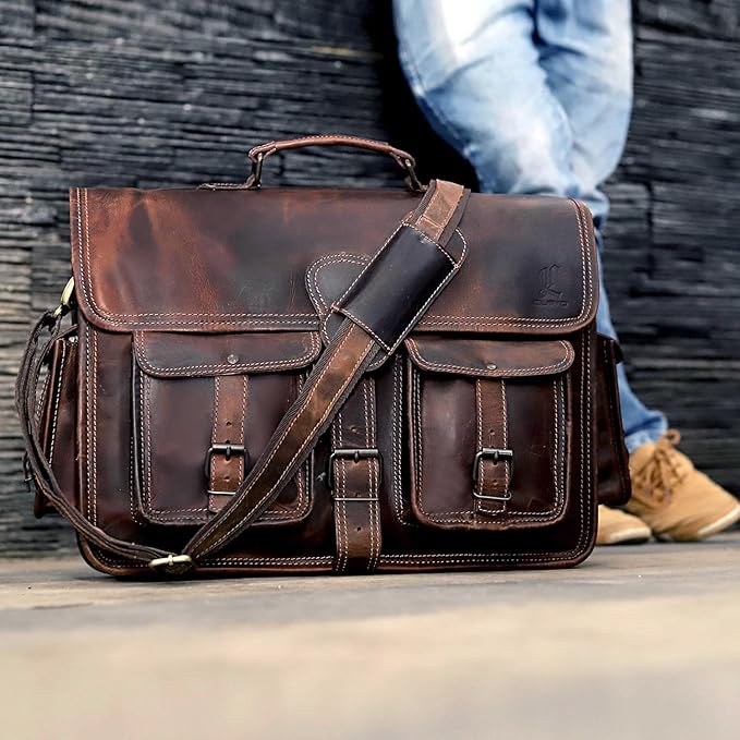 cuero Leather Messenger Bag for Men, 14 Inch Laptop Bag, Crossbody Bag Men, Vintage Handmade Leather Satchel Bag Men, Full Grain Business Briefcase Shoulder Bag for Office/Work/Travel - Brown