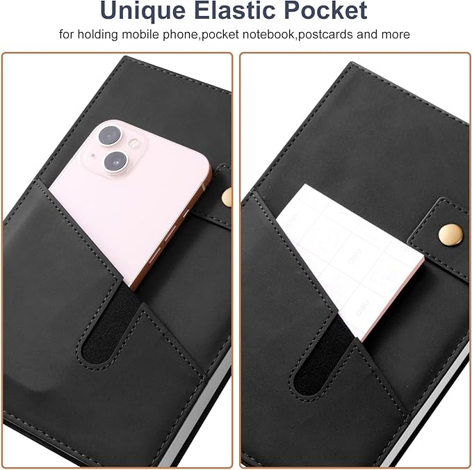 A5 Leather Journal Notebook with Pen, 200 Pages Hardcover Journal with Pocket, 100gsm Thick Lined Paper Daily Diary for Men and Women, Great Gift for Business School Travel Personal - Black