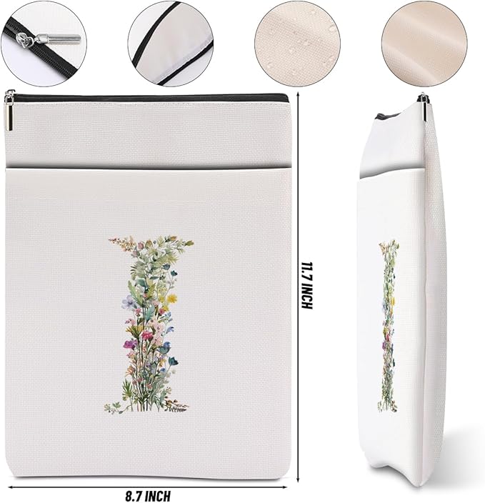 Monogrammed Book Sleeve Floral I Initial Book Pouch Book Accessories Book Lovers Gifts Waterproof Book Cover Book Protector Bookish Gifts Personalized Gifts for Women Girls Readers Bride Friend