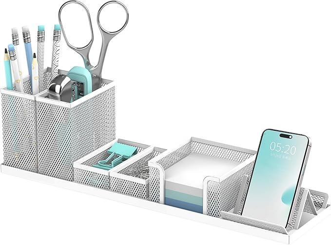 SUPEASY Pen Holder for Desk, 6 Piece Mesh Desk Organizer set, Desk Accessories for Office Organization with Mail Organizer, Letter Phone Holder, Sticky Notes Caddy Storage, White