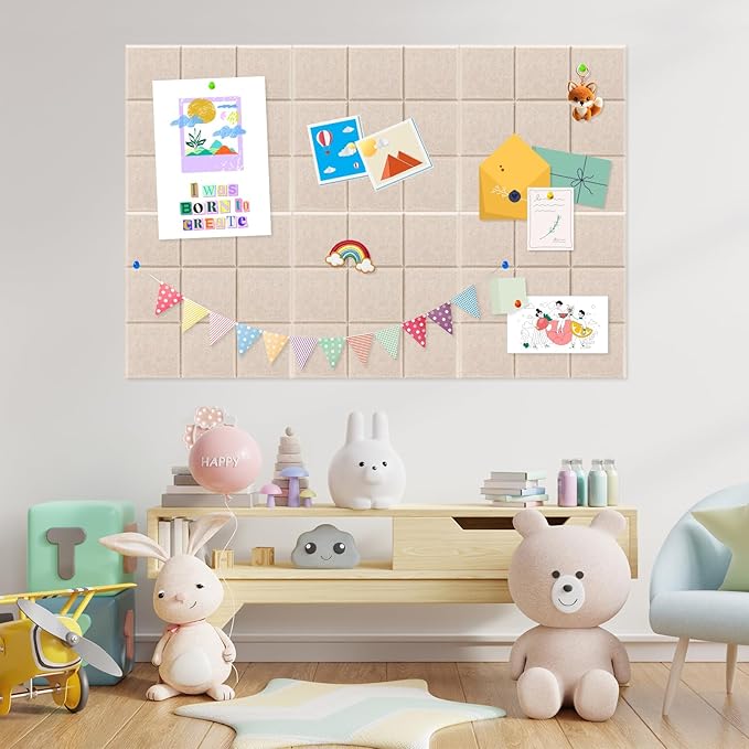 Smarpau 48"x36" Felt Bulletin Boards Felt Wall Tiles 12 Pack Large Corkboard Cork Bulletin with Removable Adhesive Tabs Square Cork Wall Tiles for Office Home Classroom Deep Camel