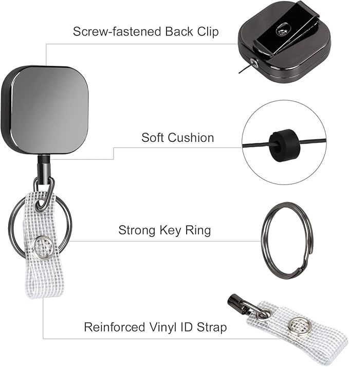 Will Well ID Badge Holder Reel with Clip and Keyring - Heavy-Duty All-Metal Casing with 23.6" UHMWPE Fiber Pull Cord for Easy Access, Holds up to 8 Keys - 2-Pack, Small Square, Glossy Black