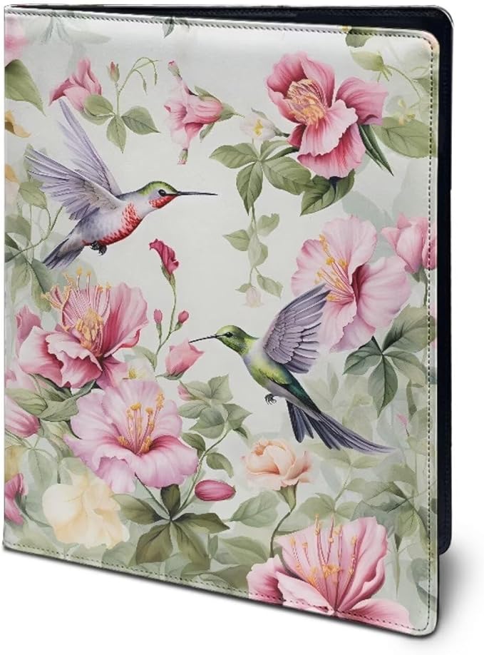 Hummingbird Pink Flower Portfolio Folder Leather Padfolio with A4 Size Clipboard Clip for Business Resume Interview Document Sleeve Binder Folder for Men/Women