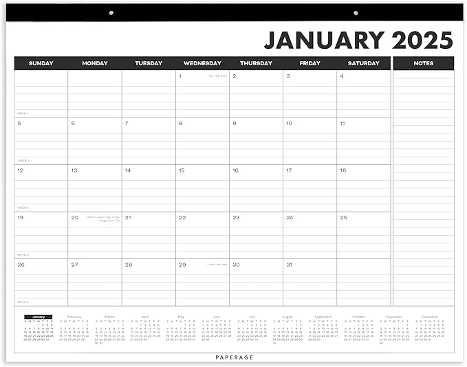 PAPERAGE Calendar 2025-12 Month (Black), Minimalist Wall and Desk Calendar with Monthly Views and Yearly Plans – Large (17 in x 22 in)