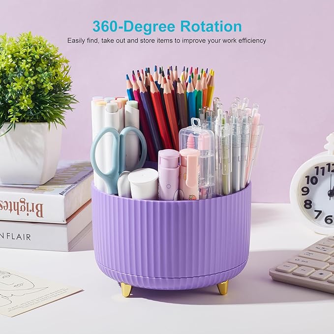 Desk Pencil Pen Holder, 5 Slots 360 Degree Rotating Pencil Pen Organizers for Desk Desktop Storage Stationery Supplies Organizer Cute Pen Cup for Office School Home Art Supply Purple