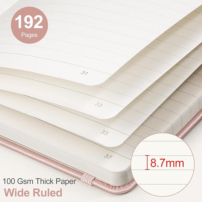 AHGXG Wide Ruled Notebook for School - Lined Journal for Women Men, 192 Numbered Pages, 100 GSM Thick Paper, A5 Hardcover Leather Notebook for Work, Writing, 5.7"×8.3" - Rose Gold