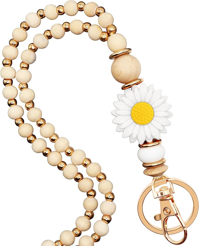 Wooden Teacher Lanyards for Id Badge Cute Flower Wood and Gold Beaded Lanyards for Women for Nurse Badge