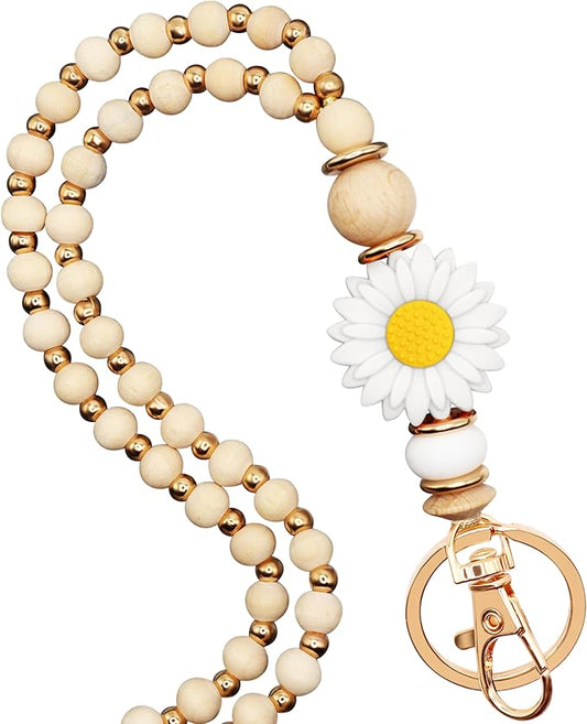 Wooden Teacher Lanyards for Id Badge Cute Flower Wood and Gold Beaded Lanyards for Women for Nurse Badge