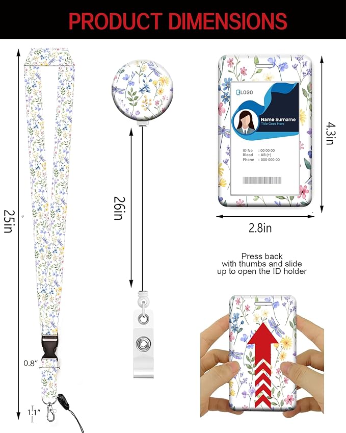 ID Badge Holder with Retractable Lanyard and Keychain, Badge Reel with Rotate Carabiner Clip,Dragonfly Meadow Card Name Tag Lanyard ID Protector Bage Clips for Student, Women, Office