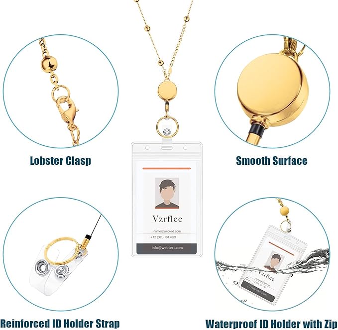 Retractable Badge Reel Lanyard with 2 Pieces ID Holder for Women, Fashion Beaded Chain Premium Stainless Steel Lanyard Necklace Water Resistant Name Badge Holder (Gold)