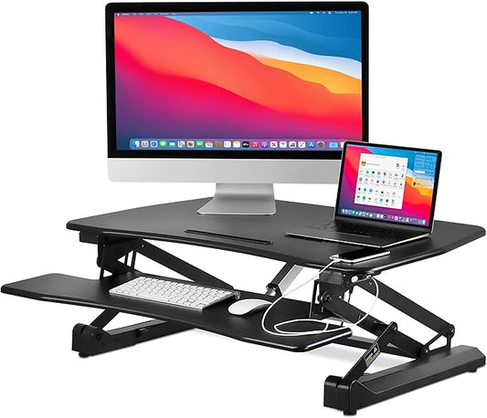 Mount-It! Electric Standing Desk Converter 35.4" x 23" Stand Up Desk Riser, Computer Workstations Motorized Desk Convertor, Sit to Stand with Built-in USB Port, Ergonomic Height Adjustable in Black