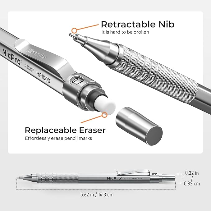 Nicpro 35PCS Black Metal Mechanical Pencils Set in Case, Art Drafting Pencil 0.5, 0.7, 0.9 mm & 3PCS 2mm Graphite Lead Holder for Drawing Sketching With 20 Tube Lead Refills(6B 4B 2B HB 2H 4H Colors)