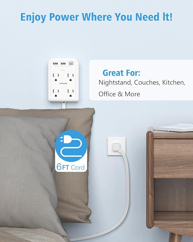 Flat Electrical Outlet Extender with USB C Ports, 4 Outlet 3 USB Wall Plug, 6 ft Thin Extension Cord, Flat Plug Power Strip Surge Protector for Home, Office. White