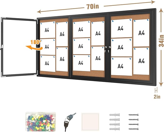 70"x34" Enclosed Bulletin Board, Outdoor Lockable Weather-Resistant Aluminum Cork Noticeboard for School & Office, Black Frame w/Cork