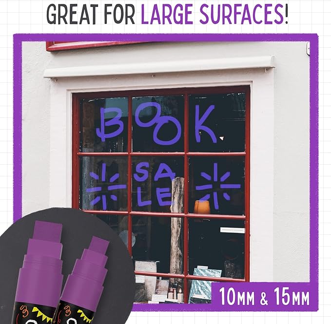 5 Purple Chalkboard Chalk Pens - Purple Dry Erase Markers for Blackboard, Chalkboard Signs, Windows, Glass | Variety Pack - Fine & Jumbo Size Ink Pen (1mm, 3mm, 6mm, 10mm, 15mm)