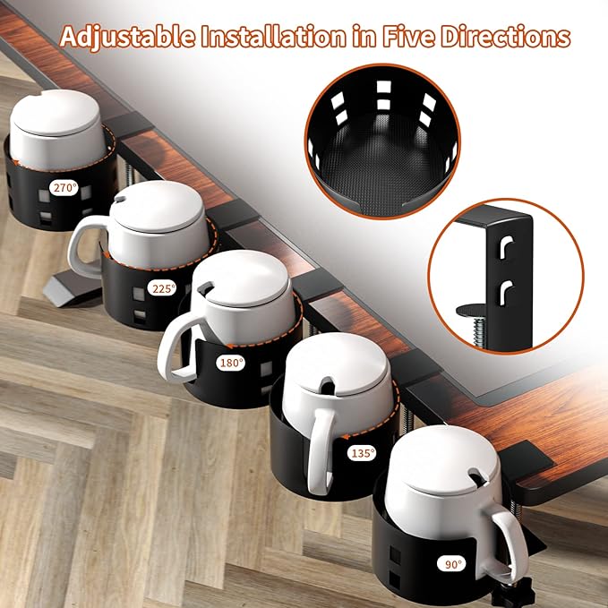 Upgraded Large Desk Cup Holder Clamp, OOKUU Anti-Spill Table Cup Holder, Metal Office & PC Gaming Desk Accessories, Compatible with Universal Cup, Bottles, Pencil Holder (Black)