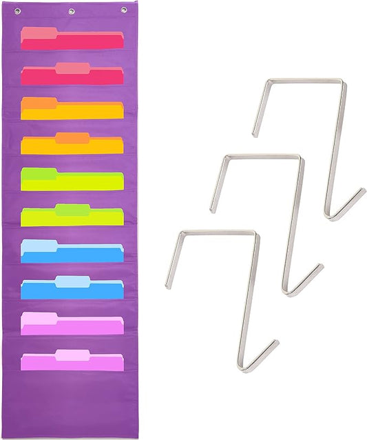 Hippo Creation Heavy Duty Storage Pocket Chart for Classroom, 10 Pocket Storage Organizer with 3 Over-Door Hangers, Hanging Wall Organizer for File Folders, School Mailbox, Home Office Papers - Purple