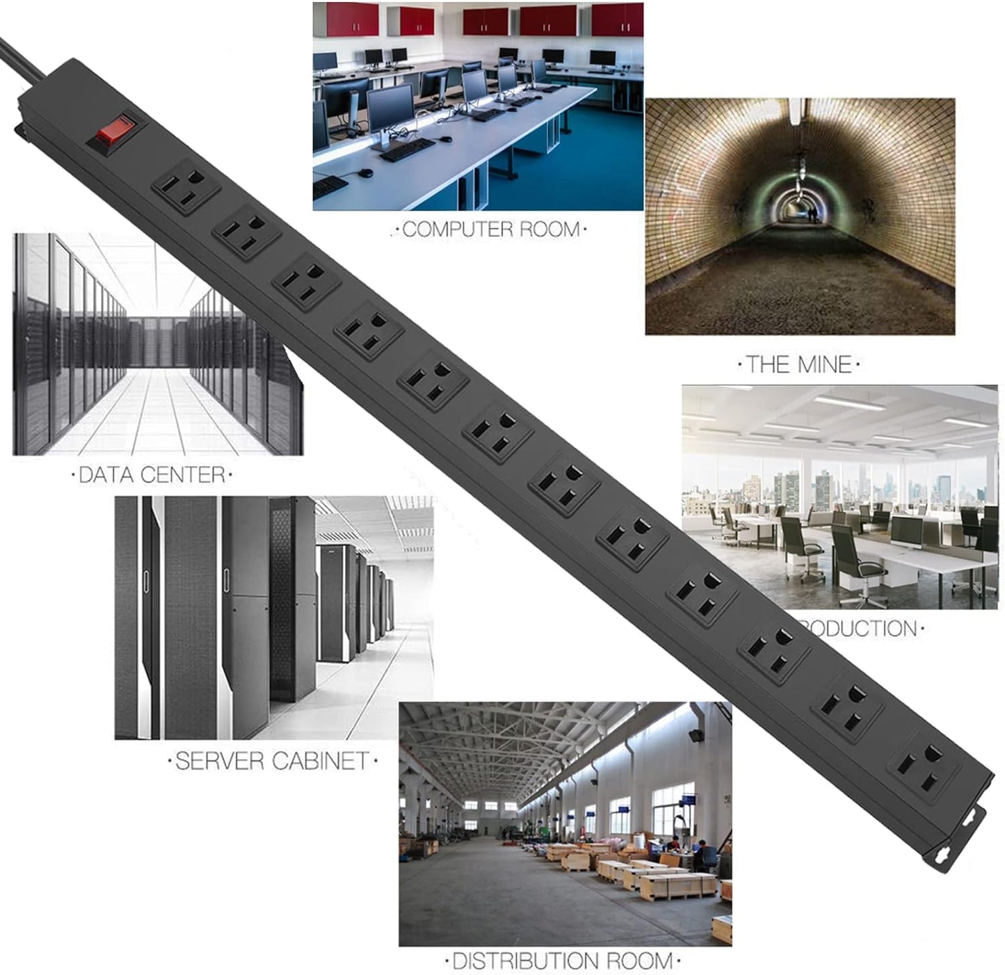 Metal Wall Mount Power Strip, Mountable Power Outlet with 12 AC Outlets, Aluminum Alloy Mount Power Socket with Switch, 3 FT SJT 3/C 14AWG Power Cord, 15A 125V 1875W (12AC)